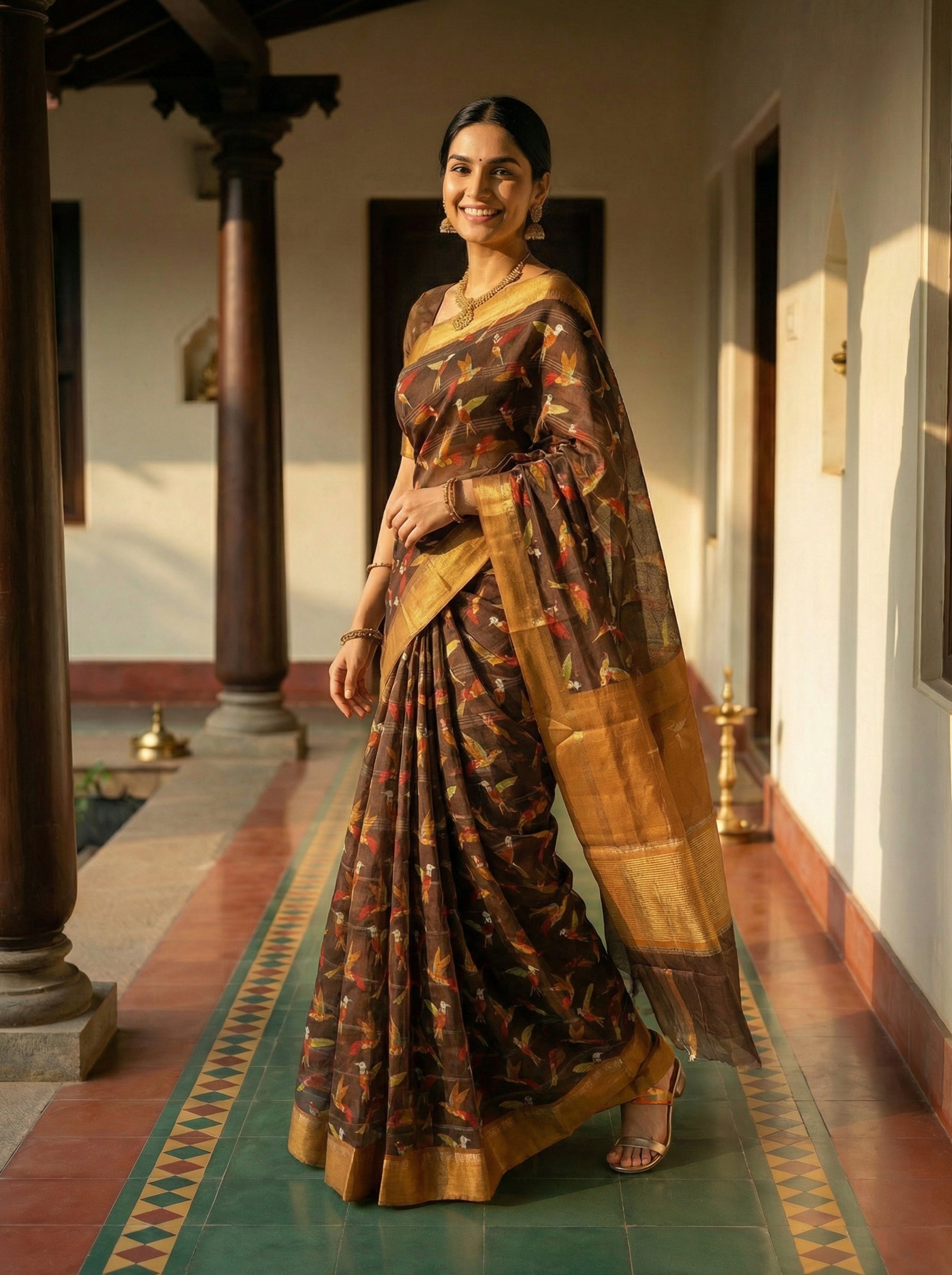 Cotton Brown Saree with Animal Print Design