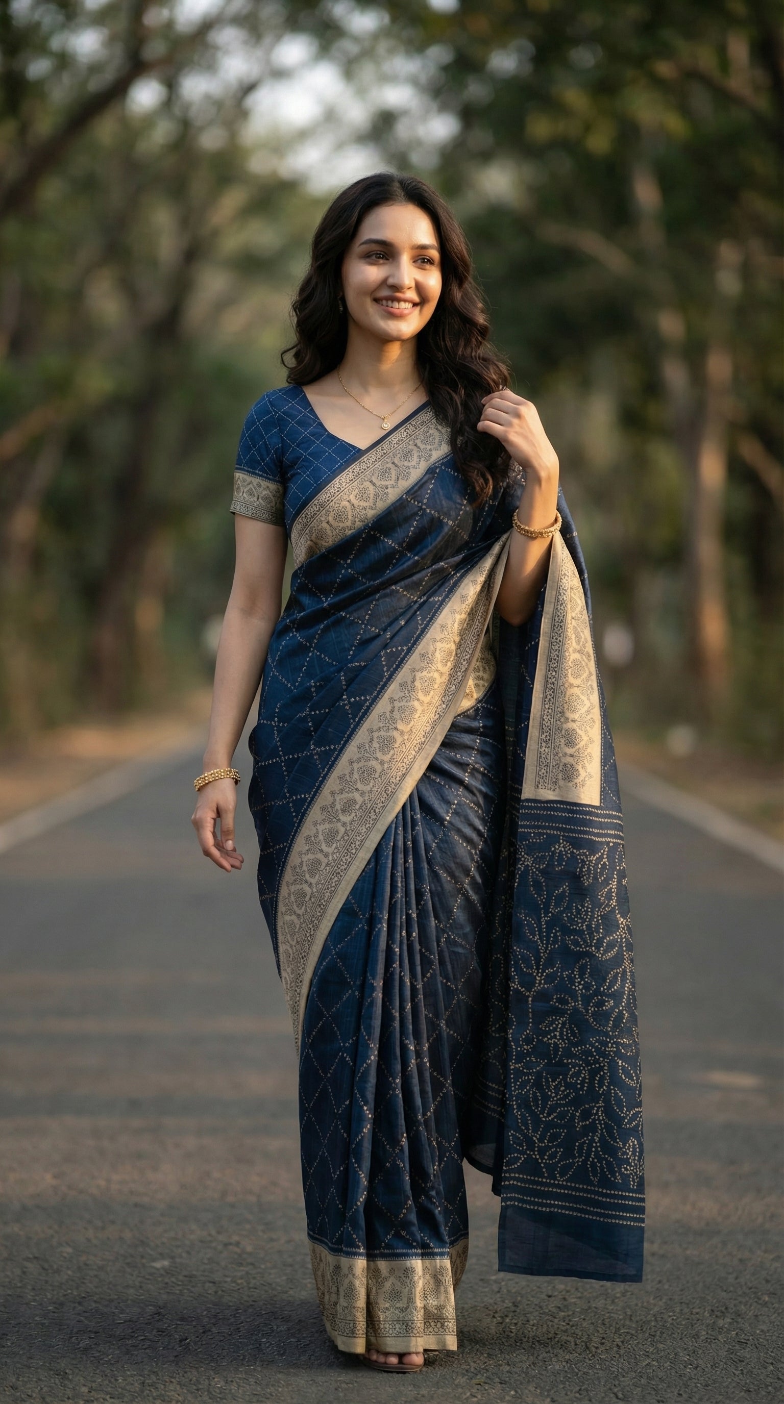 Cotton Dark Blue Bandhani Style Printed Saree