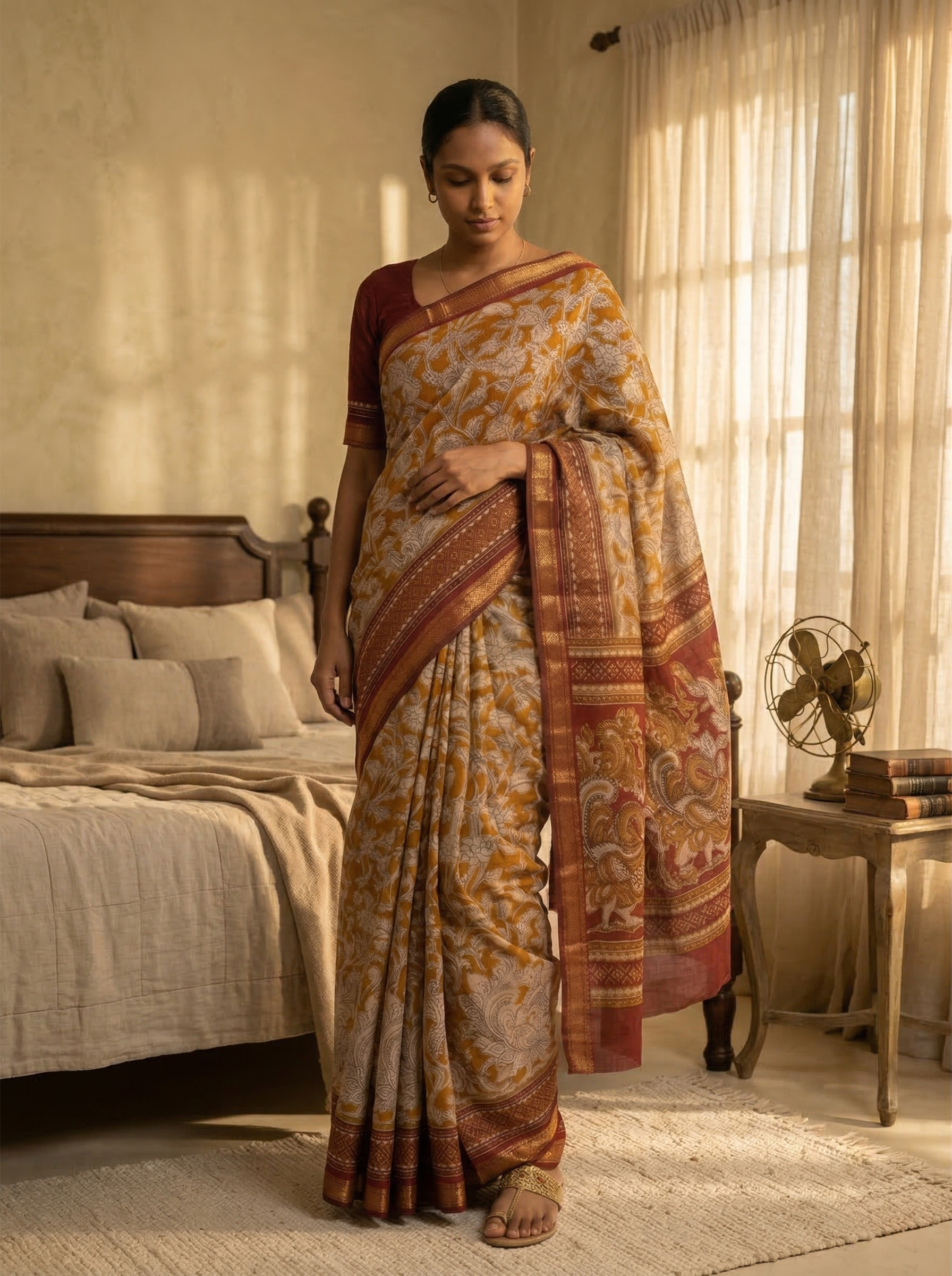 Cotton Mustard Yellow Saree with Floral Print and Maroon Zari Border