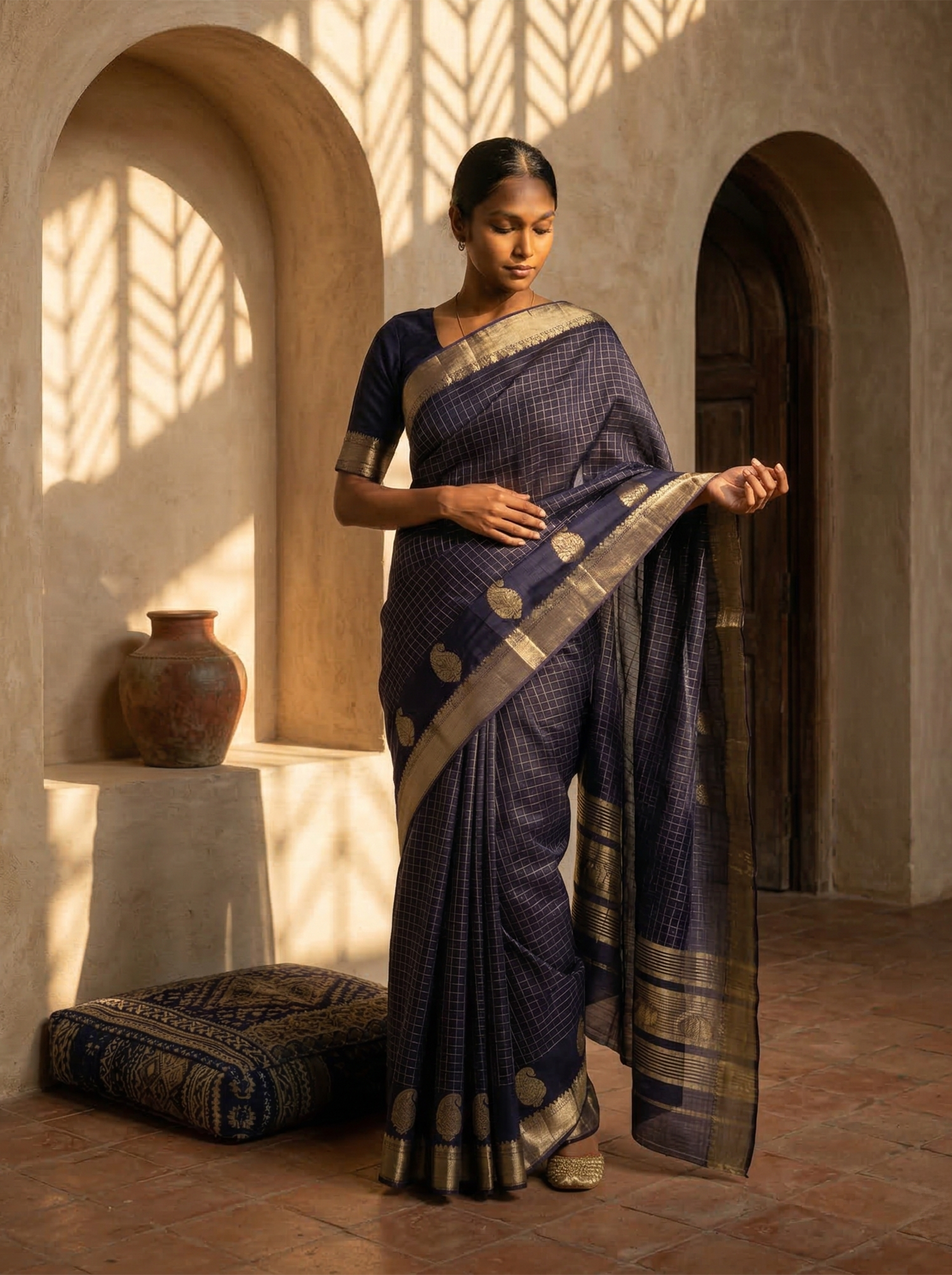 Cotton Purple Saree with Gold Checkered Weave and Zari Border