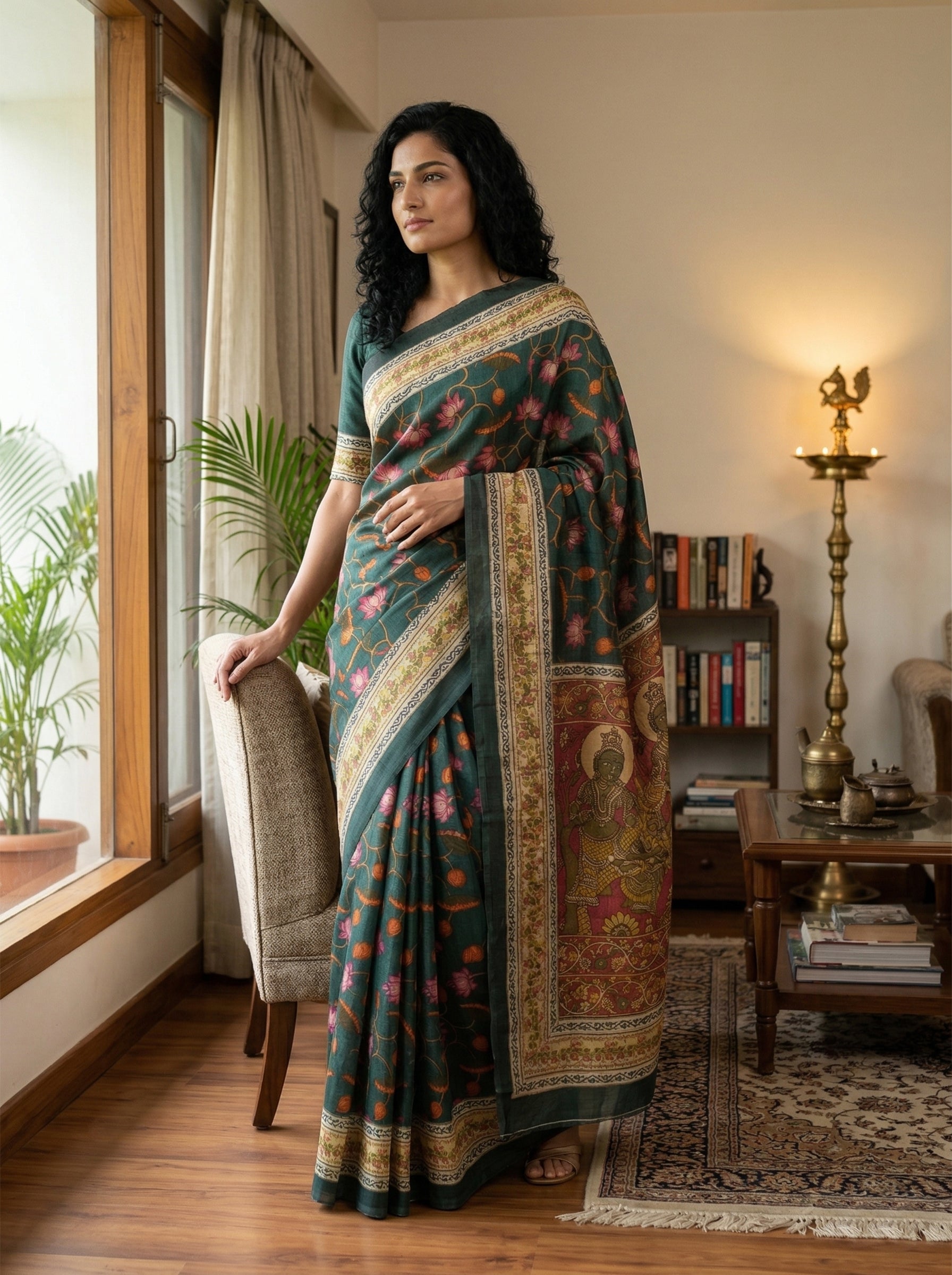 Cotton Saree Dark Green with Multicolor Floral Motif and Traditional Border