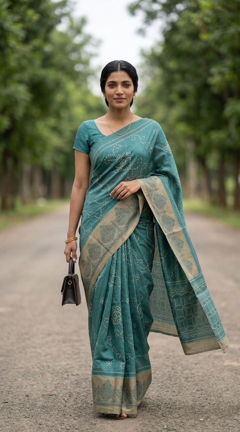 Cotton Teal Green Bandhani Style Saree