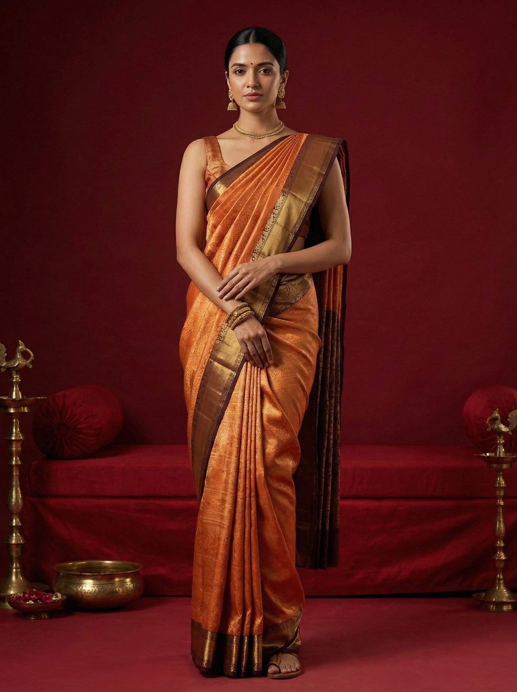 Kanjivaram Silk Orange Brocade Wedding Saree