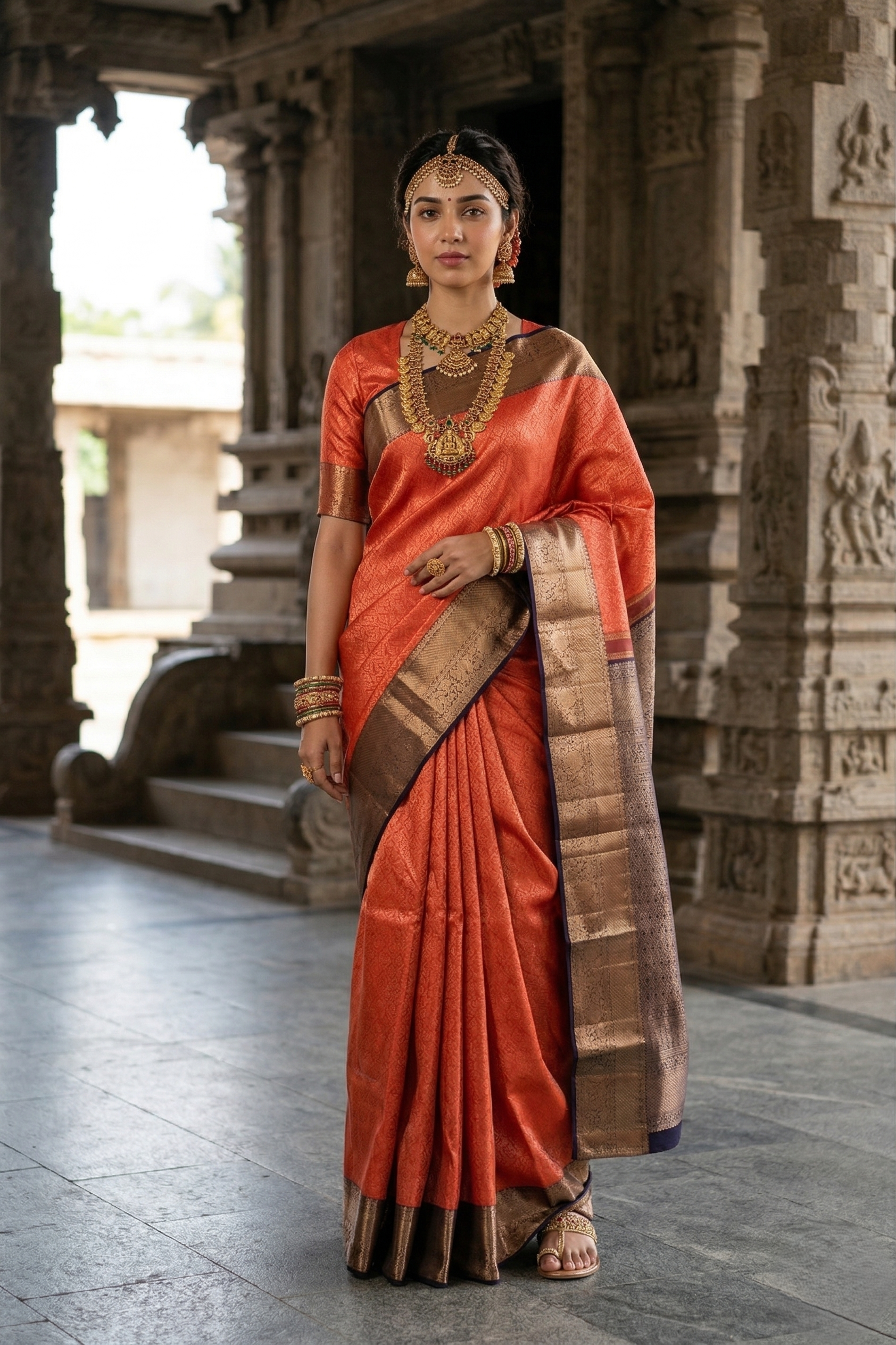 Kanjivaram Silk Orange Contrast Purple Traditional Brocade Saree