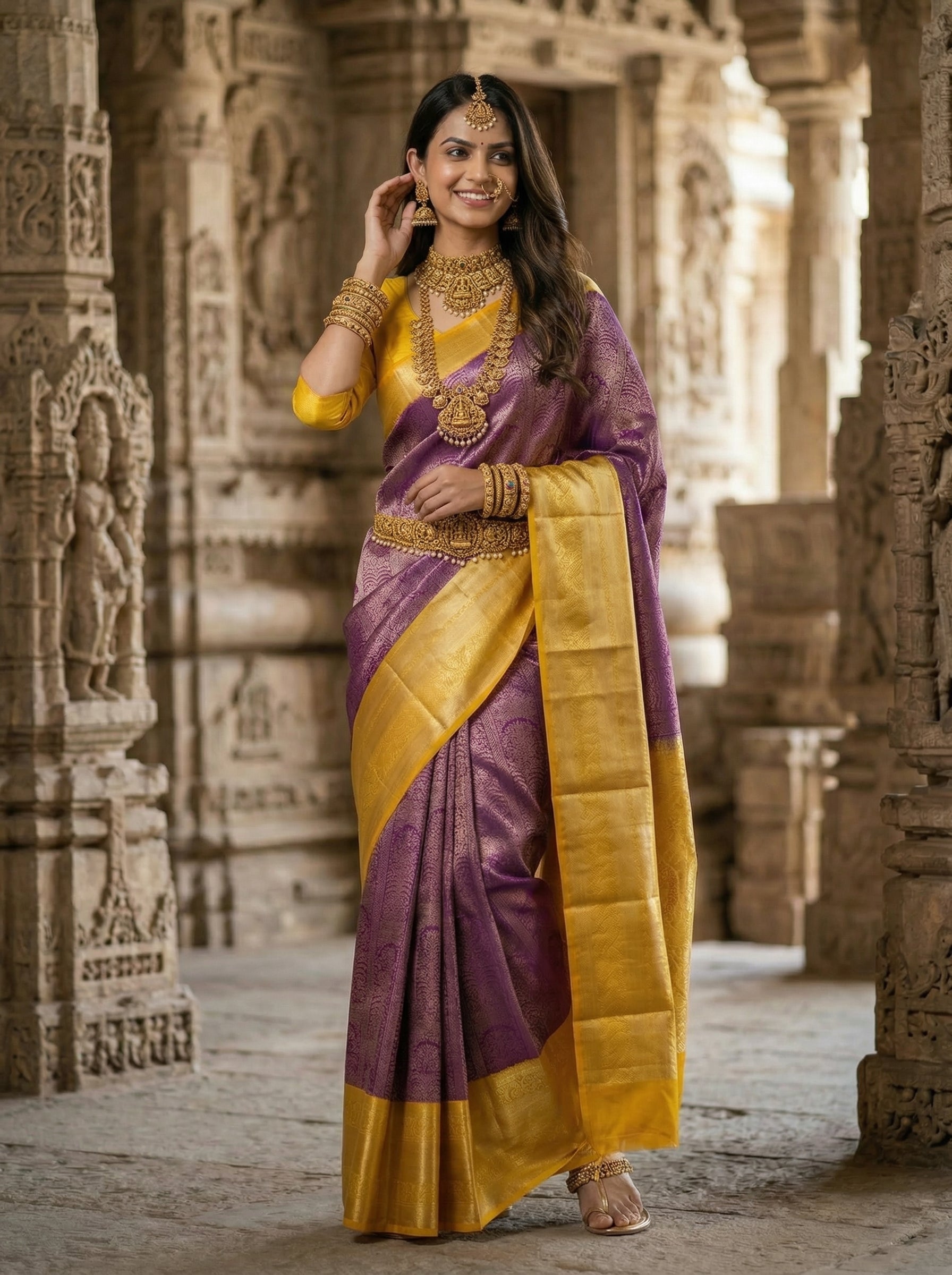 Kanjivaram Silk Purple Rich Brocade Saree for Wedding Wear