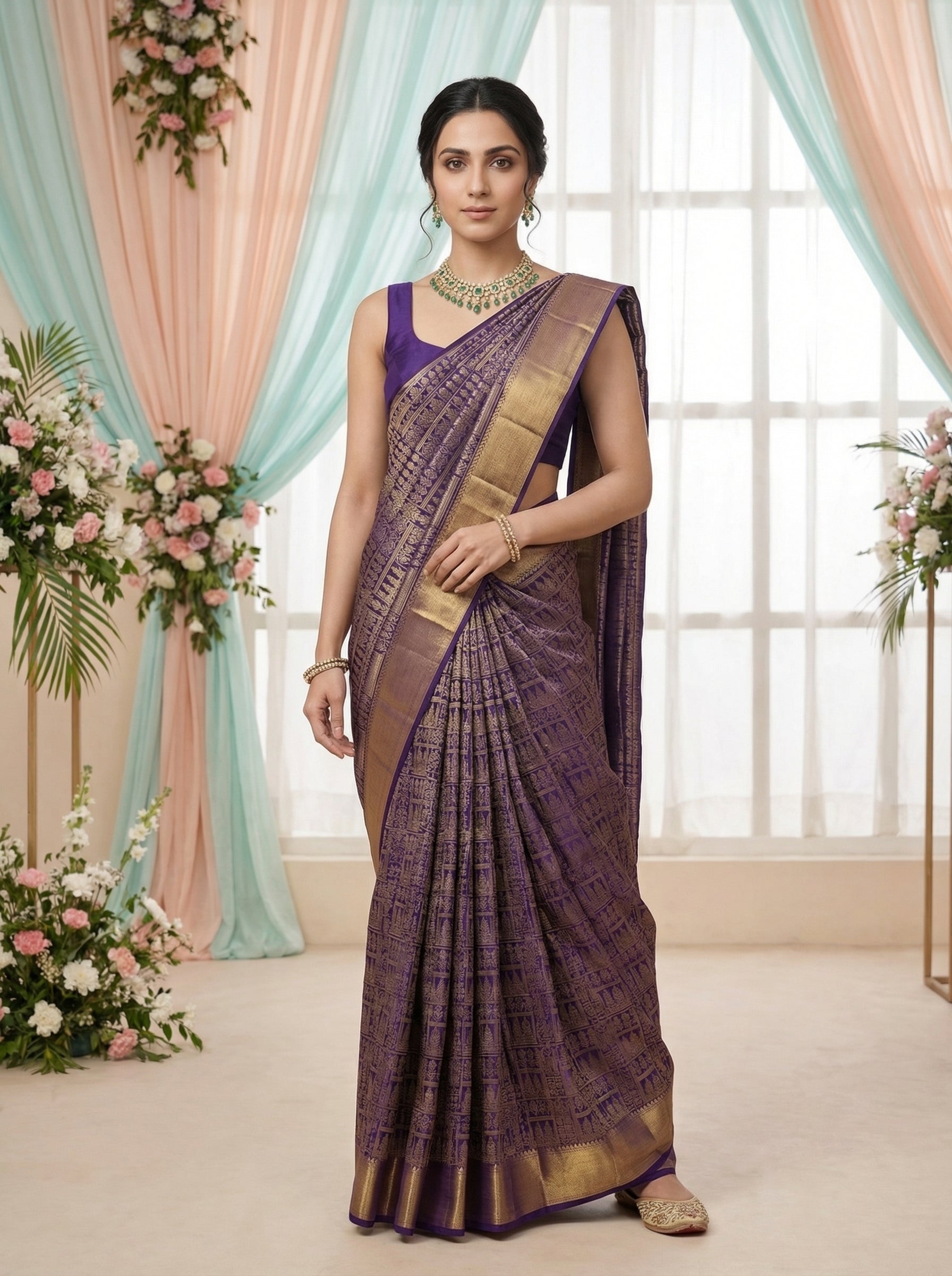 Kanjivaram Silk Purple Zari Brocade Wedding Saree