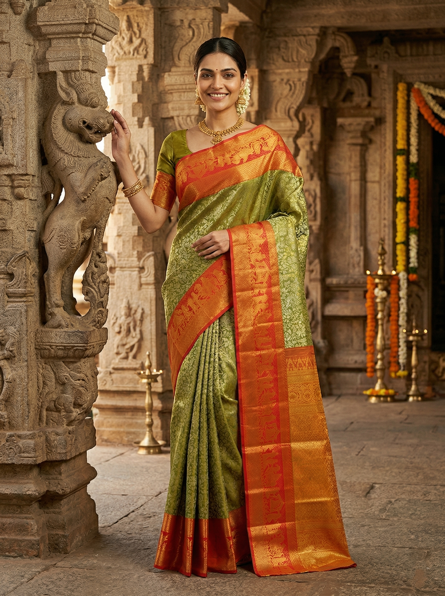Kanjivaram Silk Traditional Gold Green Zari Brocade Saree