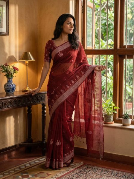 Chanderi Cotton Maroon Red Saree with Zari Border and Floral Butti Work