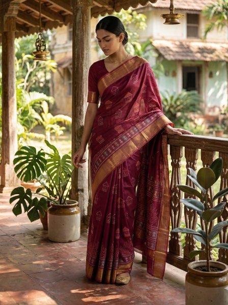 Chanderi Cotton Maroon Saree with Tribal Printed Pattern and Zari Border