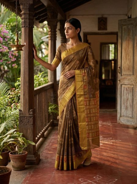 Chanderi Cotton Olive Brown Saree with Ethnic Printed Patterns for Festive Wear