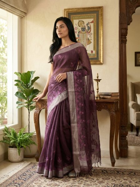 Chanderi Cotton Wine  Saree with Zari Border and Floral Butti Work