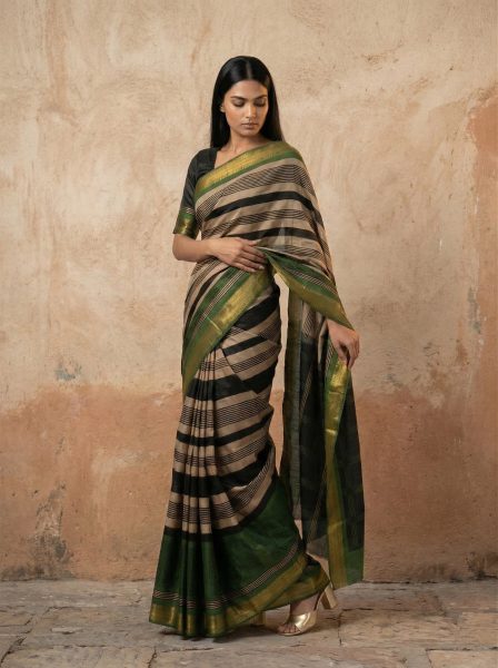 Cotton Beige Black Striped Saree with Traditional Green Border Design