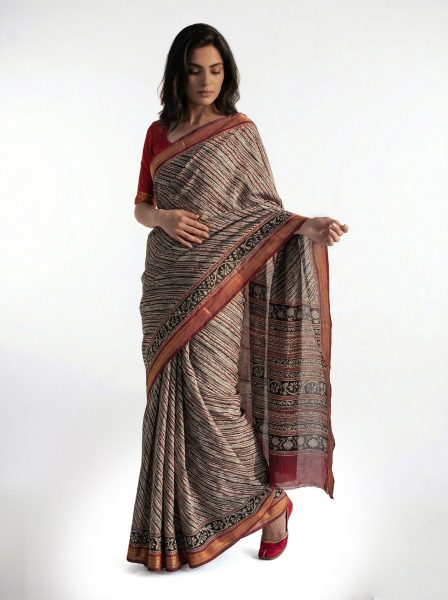 Cotton Beige Printed Saree with Fine Stripe Pattern and Contrast Border