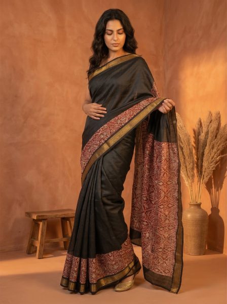 Cotton Black Saree with Printed Rich Contrast Border