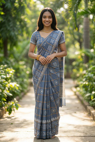 Cotton Blue Checkered Printed Saree