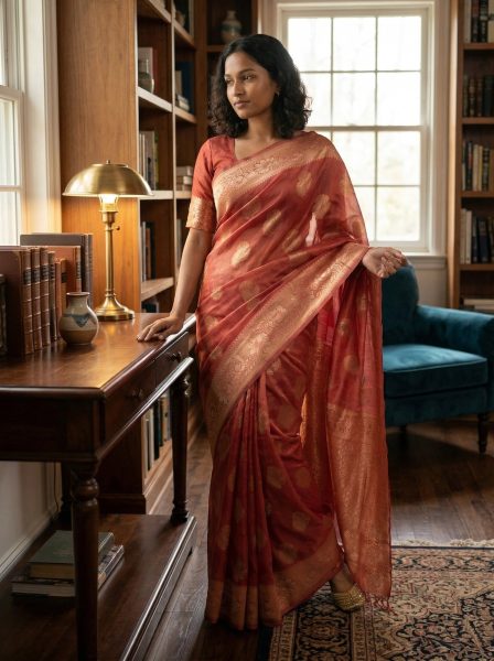 Cotton Coral Red Floral Butta Printed Saree with Zari Border