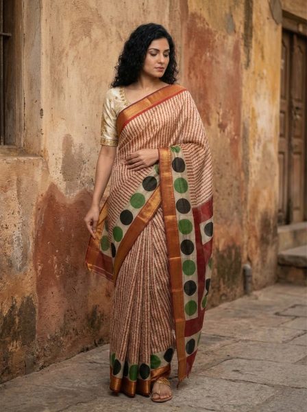 Cotton Cream Saree with Red Stripes and Polka Dot Printed Border