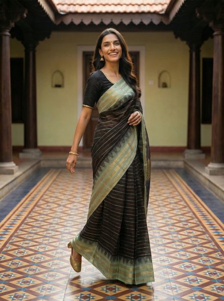 Cotton Green and Black Handloom Style Saree with Antique Gold Weave