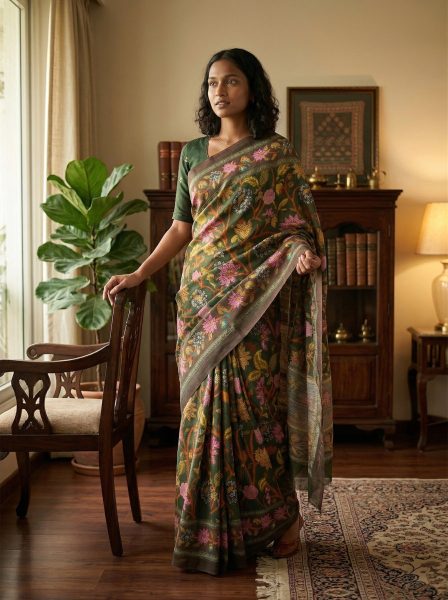 Cotton Green Multicolor Floral Design Saree with Rich Border