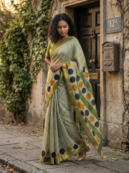 Cotton Green Stripe Pattern Saree with Contrast Polka Dot Pallu