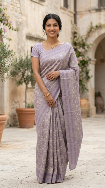 Cotton Lavender Purple Traditional Printed Saree