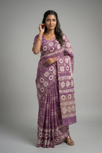 Cotton Mauve Purple Geometric Printed Traditional Saree
