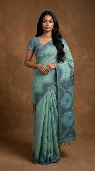 Cotton Mint Green Tie-Dye Printed Saree