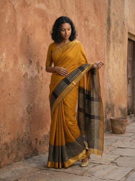 Cotton Mustard Saree with Contrast Stripe Pattern Border