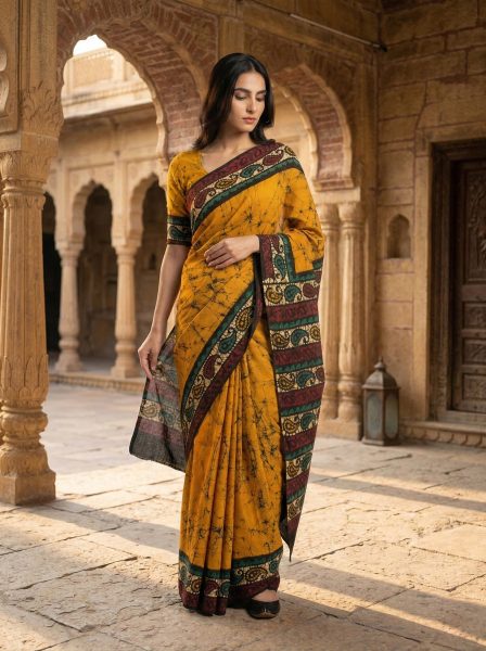 Cotton Mustard Yellow Saree with Traditional Batik Design and Ethnic Border