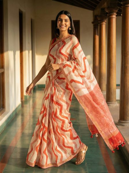 Cotton Off-White Saree with Bold Zigzag Design