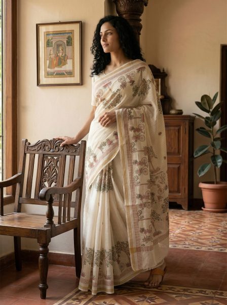 Cotton Off White Saree with Village Scene Print Design