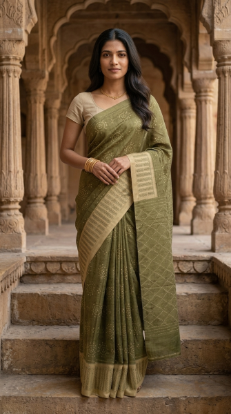 Cotton Olive Green Geometric Printed Saree