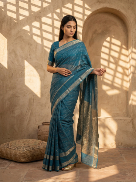 Cotton Peacock Blue Saree with Fine Zari Stripes and Rich Border