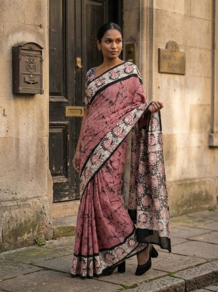Cotton Pink Saree with Handcrafted Batik Look and Stylish Pallu
