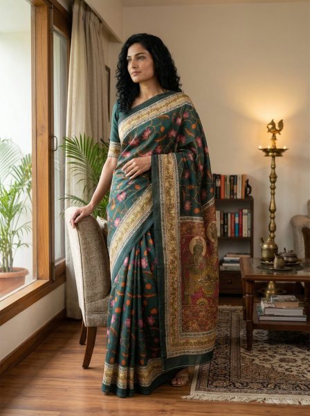 Cotton Saree Dark Green with Multicolor Floral Motif and Traditional Border
