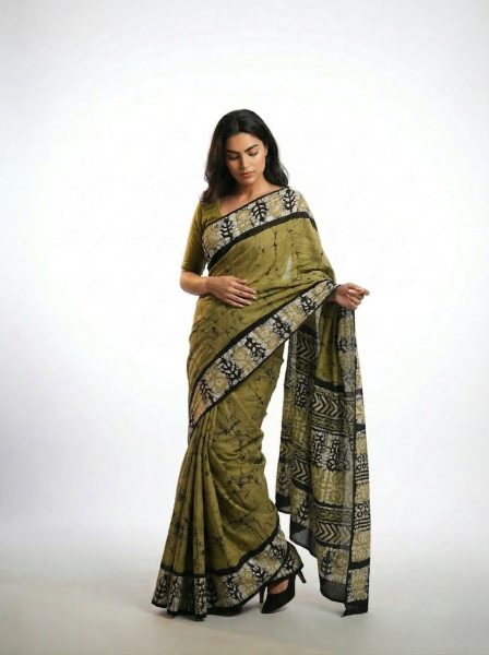 Cotton Saree in Olive Green with Abstract Print and Contrast Border