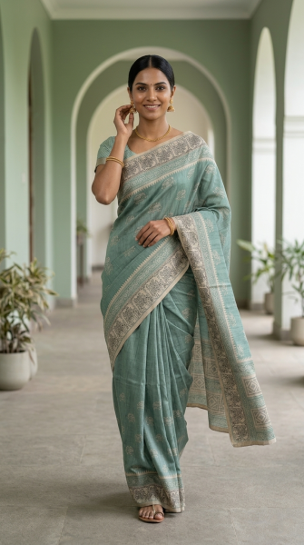 Cotton Sea Green Elephant Embroidery Saree