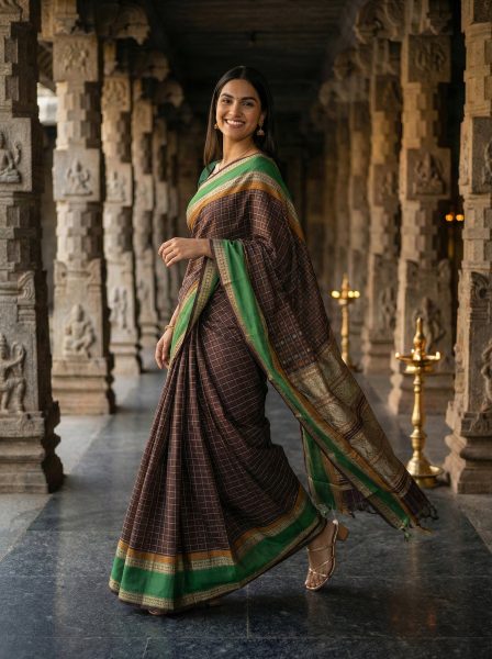 Cotton Silk Chocolate Brown Checked Saree with Zari Border