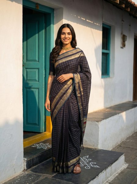 Cotton Silk Navy Saree with Subtle Grid Pattern