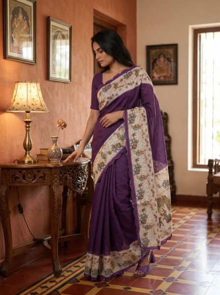 Cotton Silk Purple Ethnic Saree with Cultural Motif Border Design
