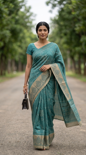 Cotton Teal Green Bandhani Style Saree