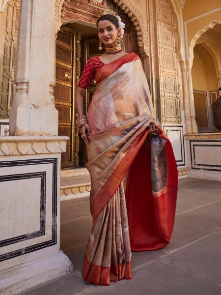 Kanchivaram Silk Elegant Multicolor Printed Saree with Red Zari Border