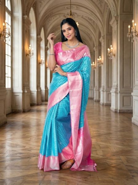 Kanjivaram Elegant Turquoise Blue Silk Saree with Pink Zari Border – Luxury Bridal &amp; Wedding Wear