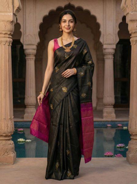 Kanjivaram Pure Silk Dark Brown Zari Striped Saree with Pink Blouse