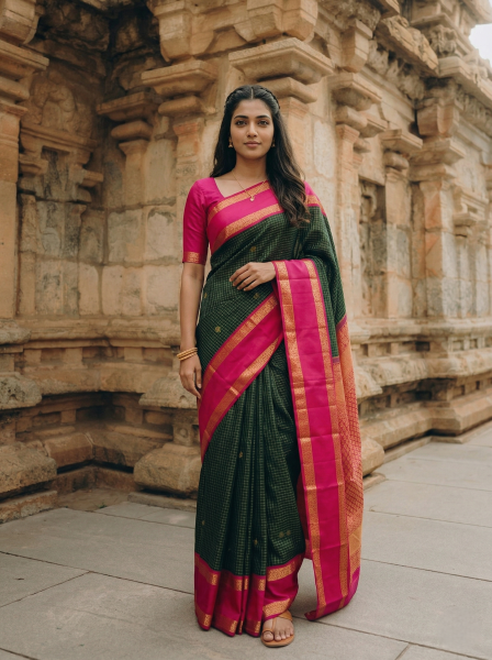 Kanjivaram Pure Silk Dark Green Heritage Checked Pattern  Zari Saree