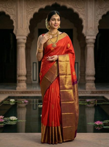 Kanjivaram Pure Silk Double Shade Orange Pink Traditional Butta Saree