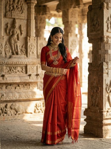 Kanjivaram Pure Silk Red Traditional Temple Border Checked Pattern  Saree