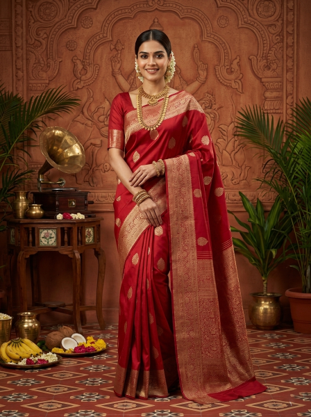 Kanjivaram Pure Silk Red Wedding Wear Butta Saree