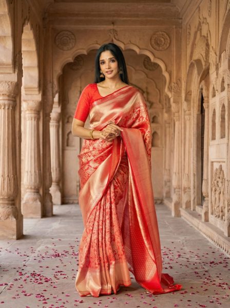 Kanjivaram Royal Red Silk Saree with Gold Zari Border – Luxury Bridal &amp; Wedding Wear