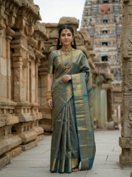Kanjivaram Silk Blue Festive Wear Brocade Woven Sareee